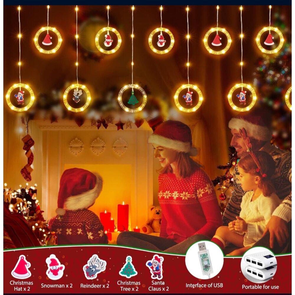 Window Lights Christmas Decor Ring Lights with Ornament LED Curtain Lights USB